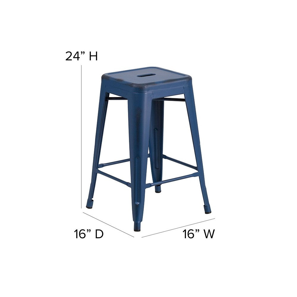 Commercial Grade 24" High Backless Distressed Antique Blue Metal Indoor-Outdoor Counter Height Stool