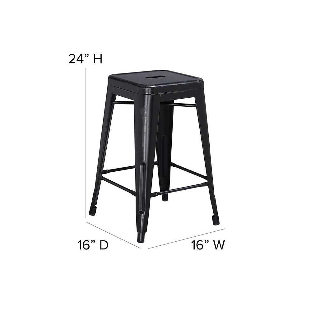 Commercial Grade 24" High Backless Distressed Black Metal Indoor-Outdoor Counter Height Stool