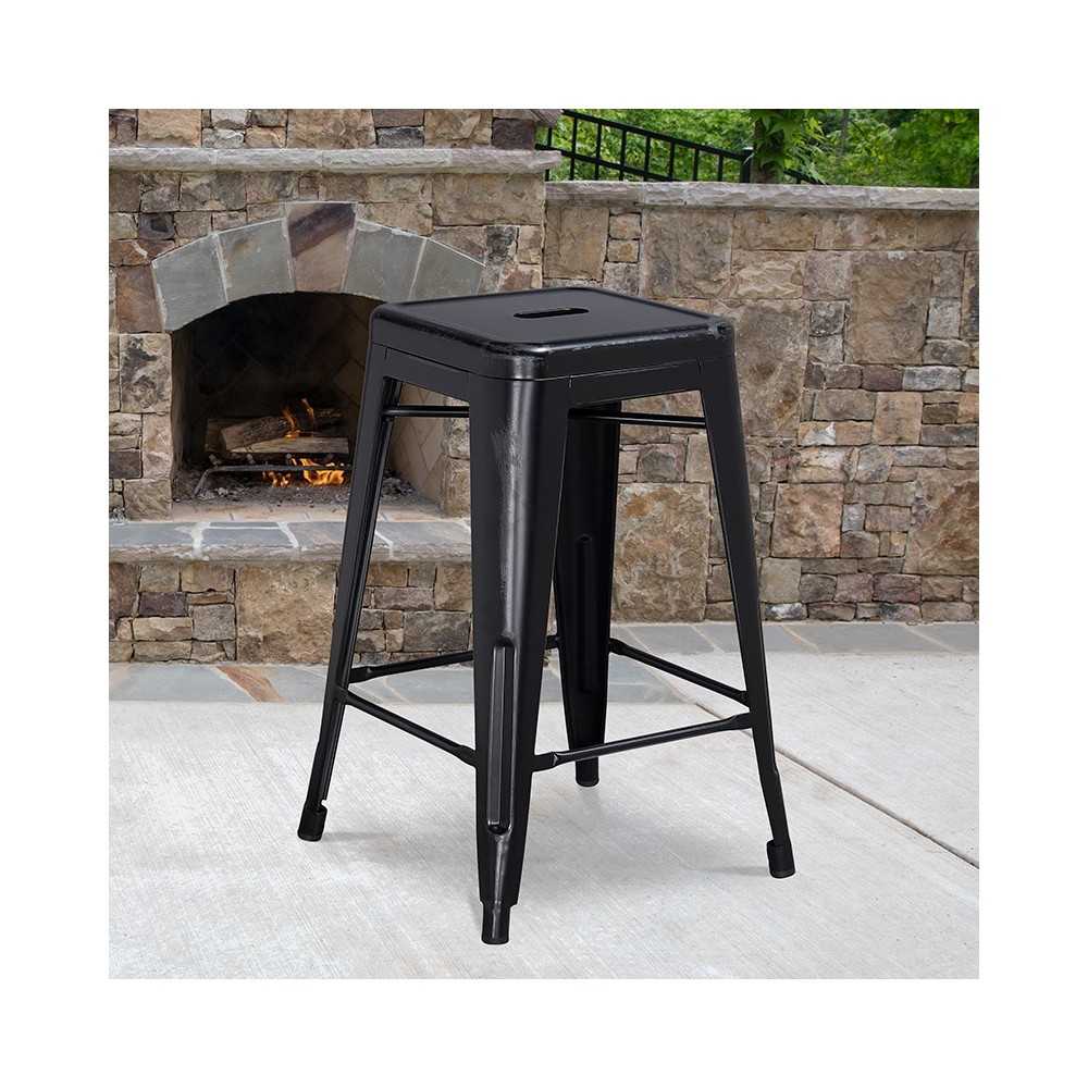 Commercial Grade 24" High Backless Distressed Black Metal Indoor-Outdoor Counter Height Stool