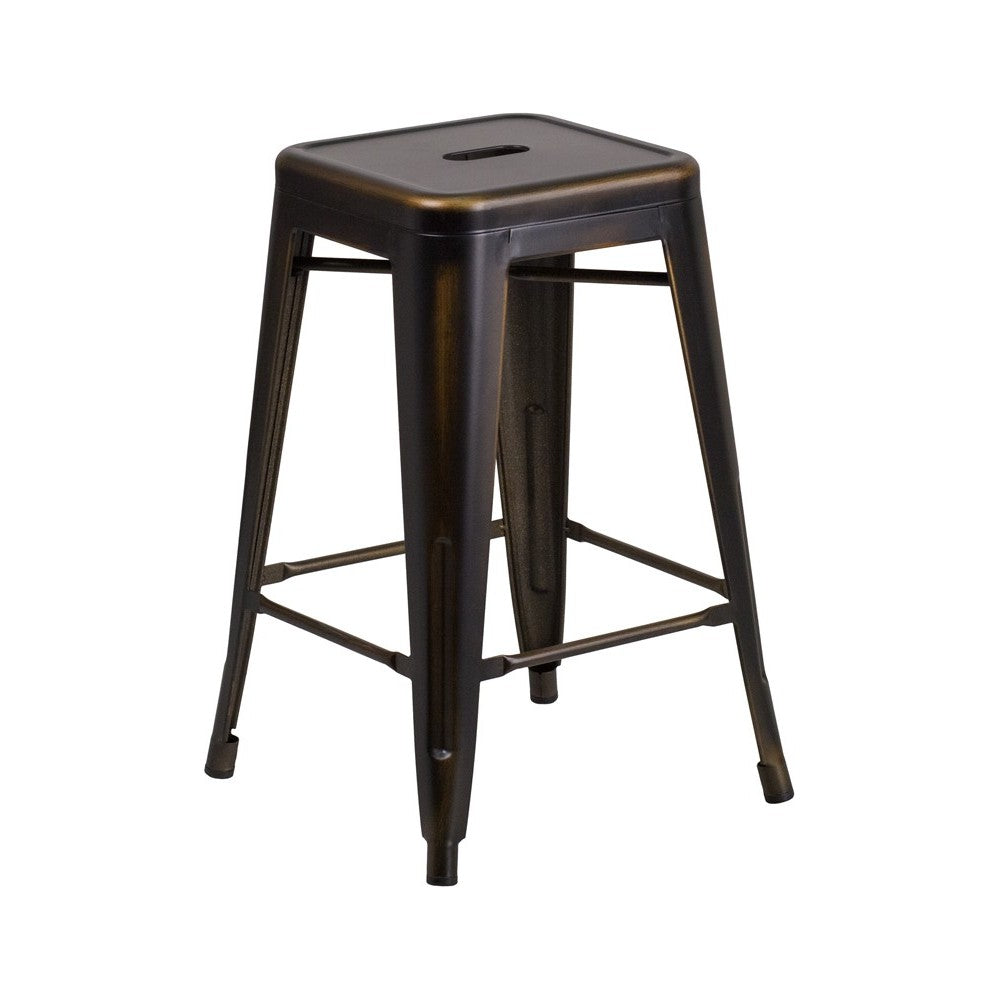 Commercial Grade 24" High Backless Distressed Copper Metal Indoor-Outdoor Counter Height Stool