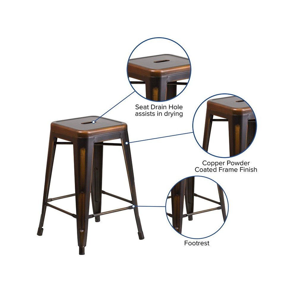 Commercial Grade 24" High Backless Distressed Copper Metal Indoor-Outdoor Counter Height Stool