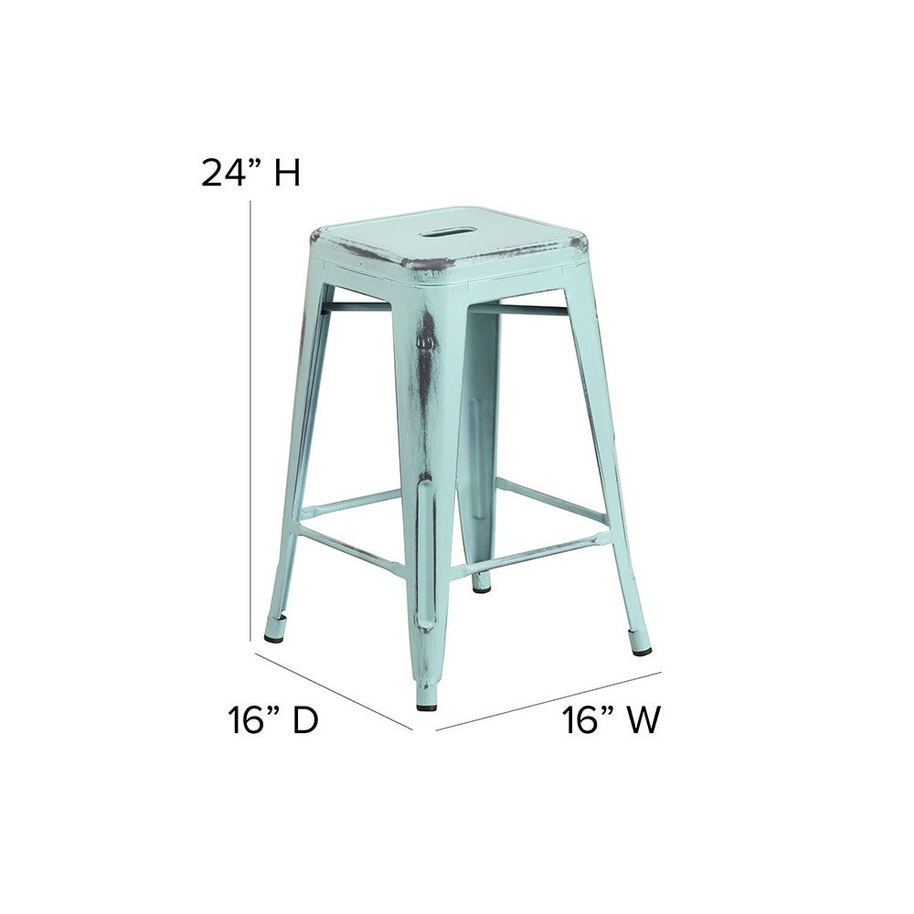 Commercial Grade 24" High Backless Distressed Green-Blue Metal Indoor-Outdoor Counter Height Stool
