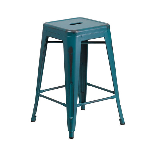 Commercial Grade 24" High Backless Distressed Kelly Blue-Teal Metal Indoor-Outdoor Counter Height Stool