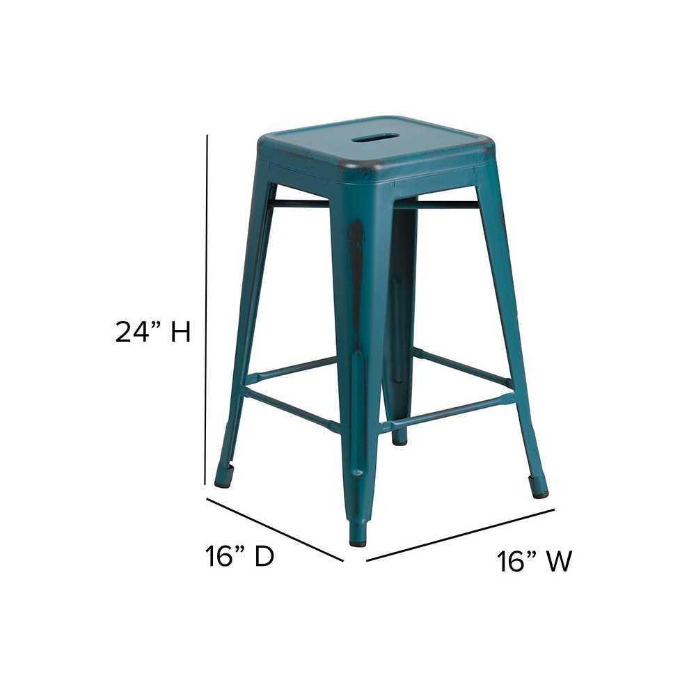 Commercial Grade 24" High Backless Distressed Kelly Blue-Teal Metal Indoor-Outdoor Counter Height Stool