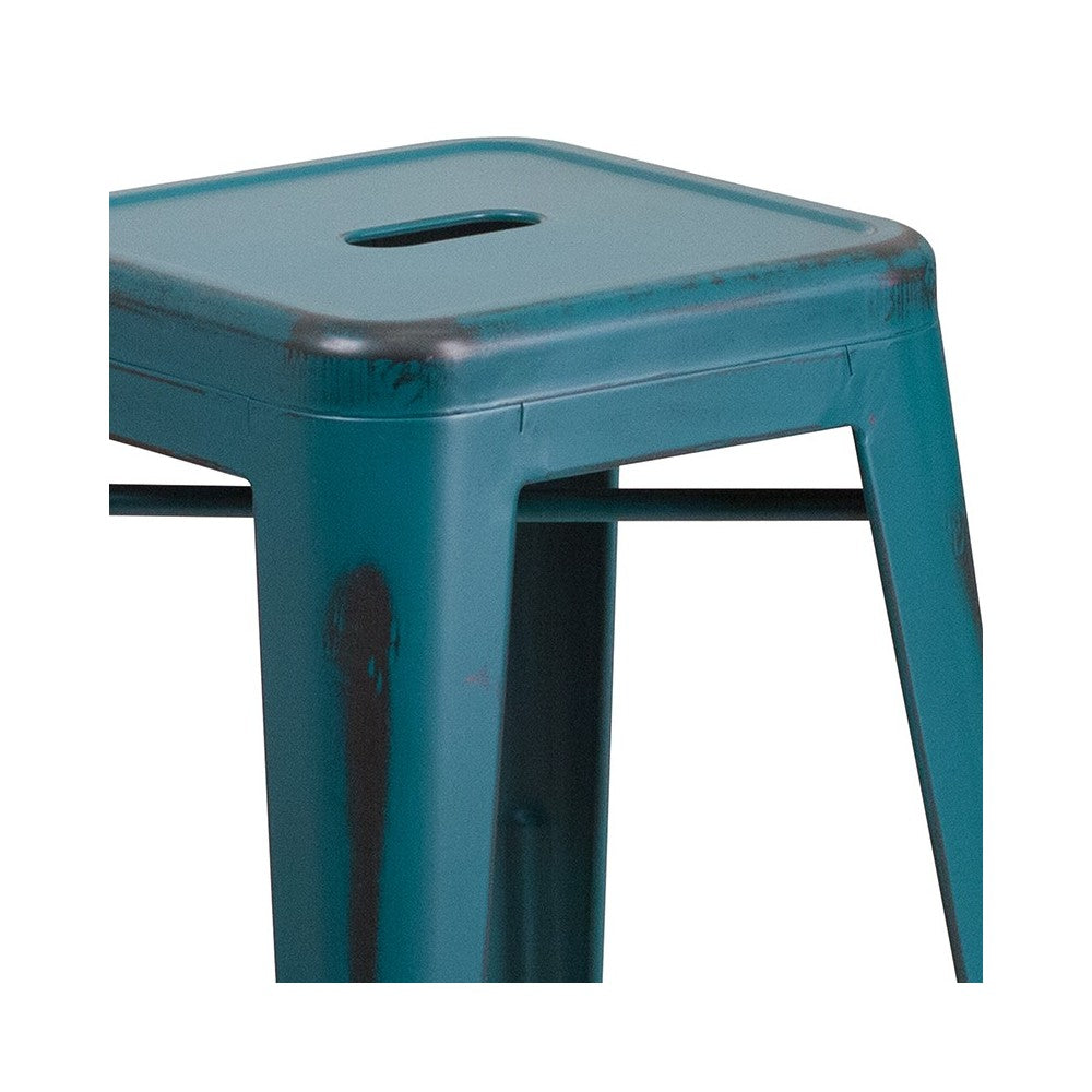 Commercial Grade 24" High Backless Distressed Kelly Blue-Teal Metal Indoor-Outdoor Counter Height Stool