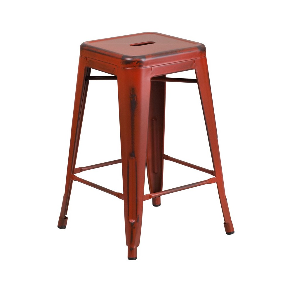 Commercial Grade 24" High Backless Distressed Kelly Red Metal Indoor-Outdoor Counter Height Stool