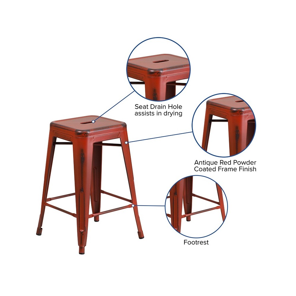 Commercial Grade 24" High Backless Distressed Kelly Red Metal Indoor-Outdoor Counter Height Stool