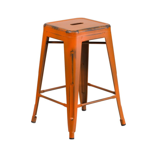 Commercial Grade 24" High Backless Distressed Orange Metal Indoor-Outdoor Counter Height Stool