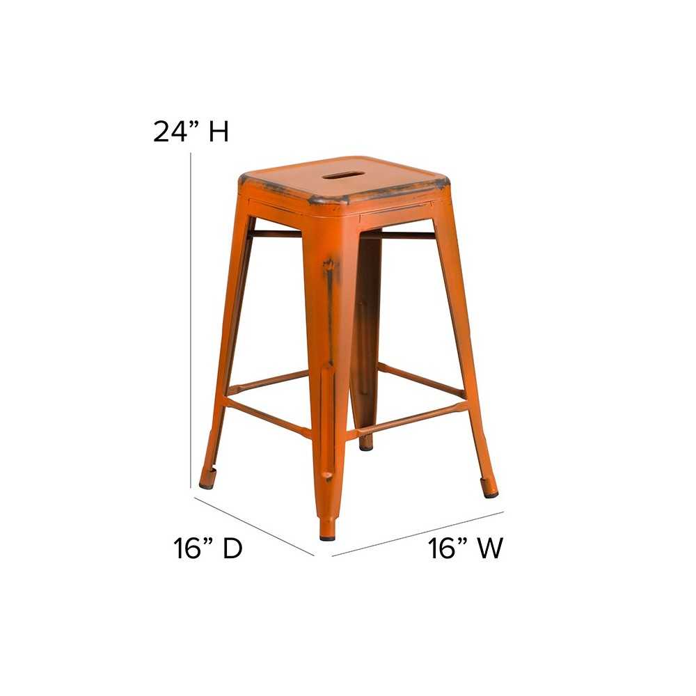 Commercial Grade 24" High Backless Distressed Orange Metal Indoor-Outdoor Counter Height Stool