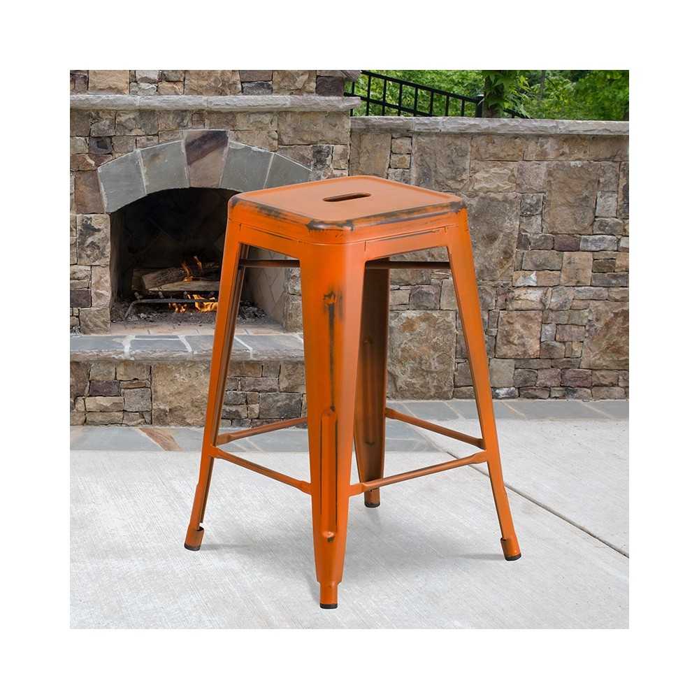 Commercial Grade 24" High Backless Distressed Orange Metal Indoor-Outdoor Counter Height Stool