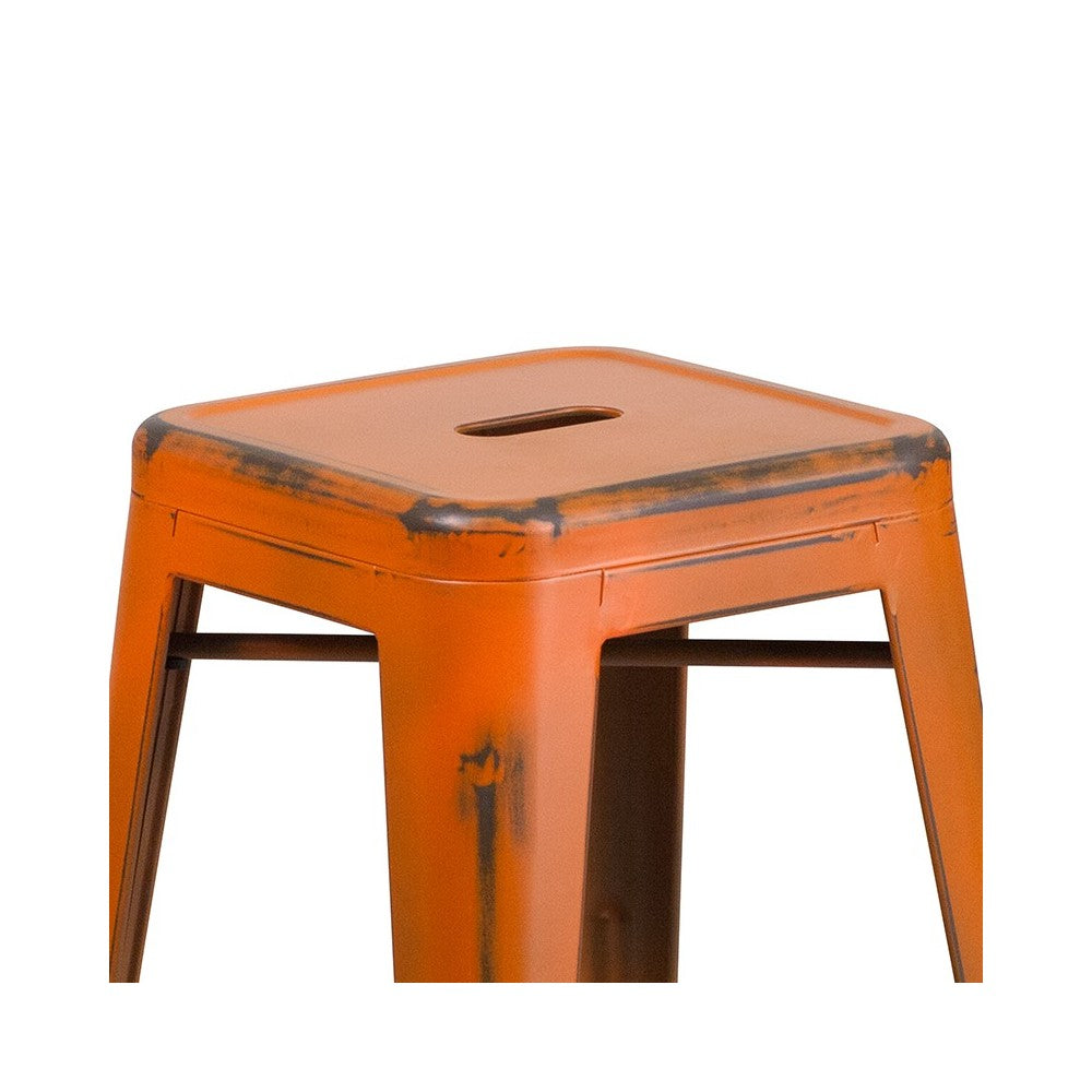 Commercial Grade 24" High Backless Distressed Orange Metal Indoor-Outdoor Counter Height Stool