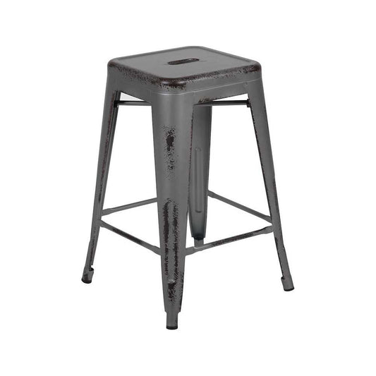Commercial Grade 24" High Backless Distressed Silver Gray Metal Indoor-Outdoor Counter Height Stool