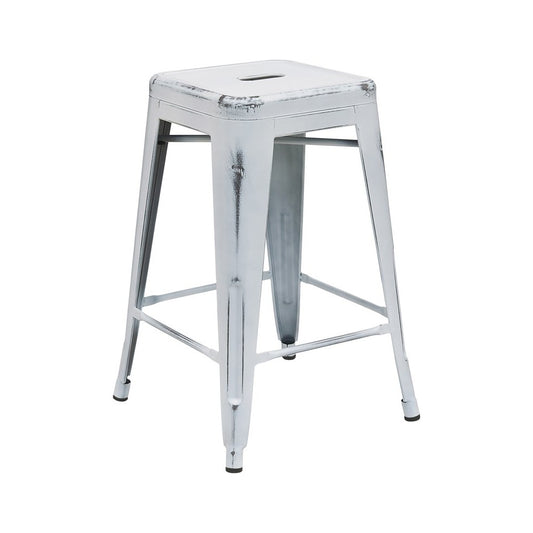 Commercial Grade 24" High Backless Distressed White Metal Indoor-Outdoor Counter Height Stool