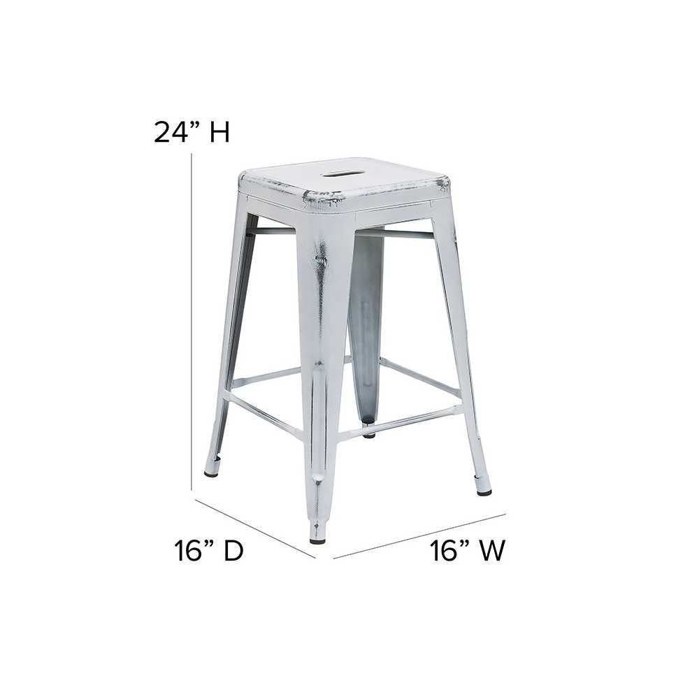 Commercial Grade 24" High Backless Distressed White Metal Indoor-Outdoor Counter Height Stool