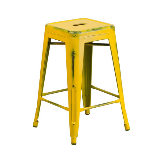 Commercial Grade 24" High Backless Distressed Yellow Metal Indoor-Outdoor Counter Height Stool