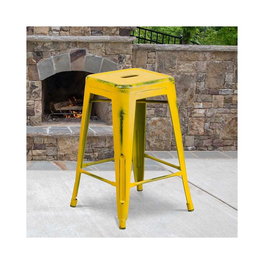 Commercial Grade 24" High Backless Distressed Yellow Metal Indoor-Outdoor Counter Height Stool