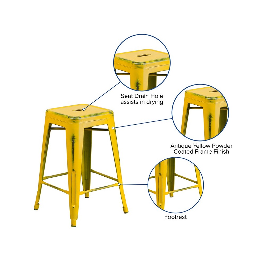 Commercial Grade 24" High Backless Distressed Yellow Metal Indoor-Outdoor Counter Height Stool
