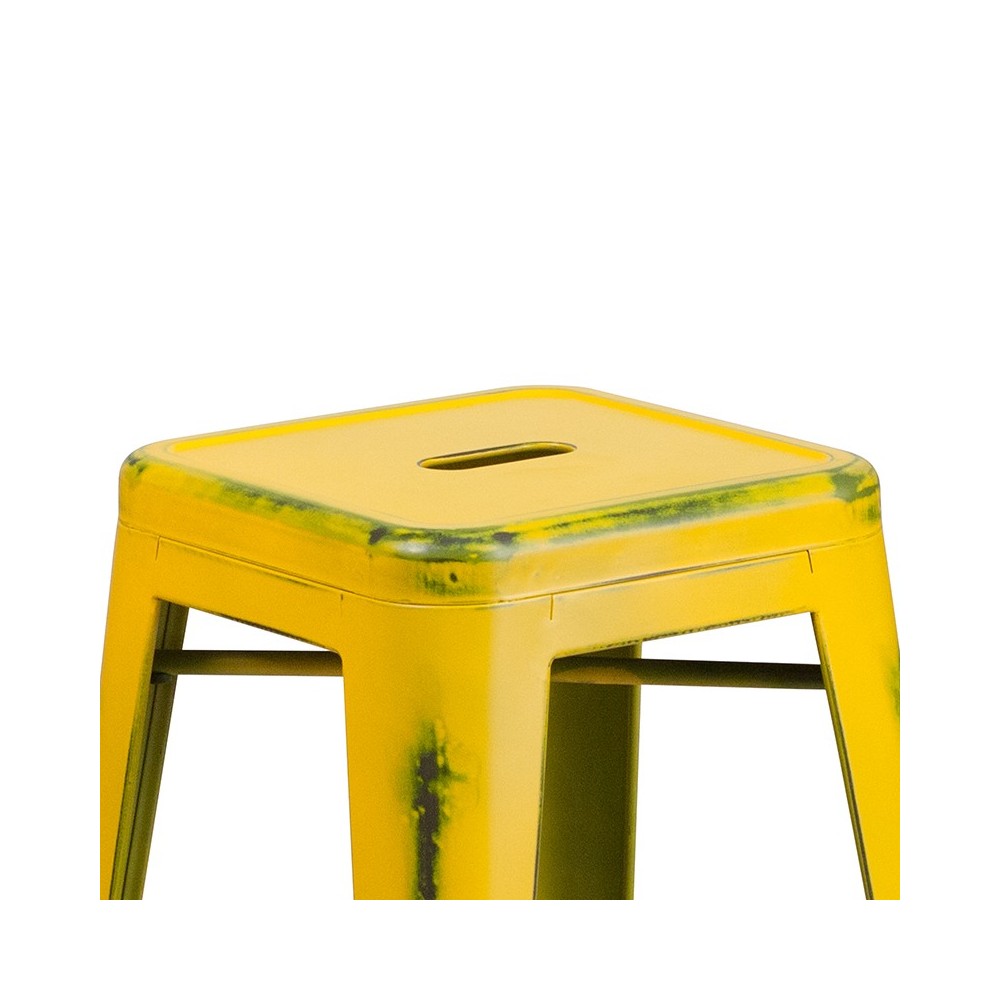 Commercial Grade 24" High Backless Distressed Yellow Metal Indoor-Outdoor Counter Height Stool