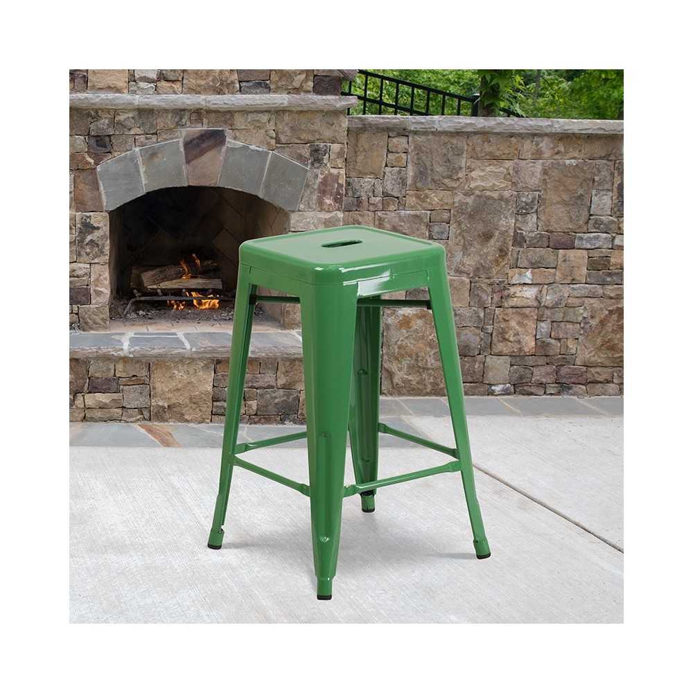 Commercial Grade 24" High Backless Green Metal Indoor-Outdoor Counter Height Stool with Square Seat