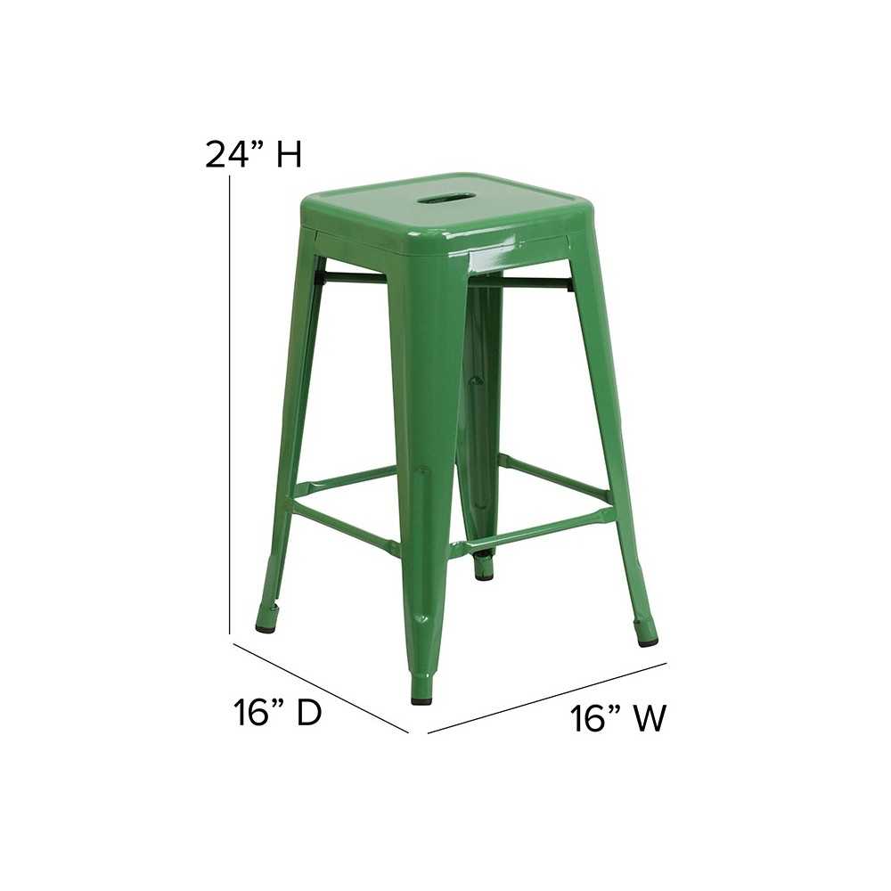 Commercial Grade 24" High Backless Green Metal Indoor-Outdoor Counter Height Stool with Square Seat
