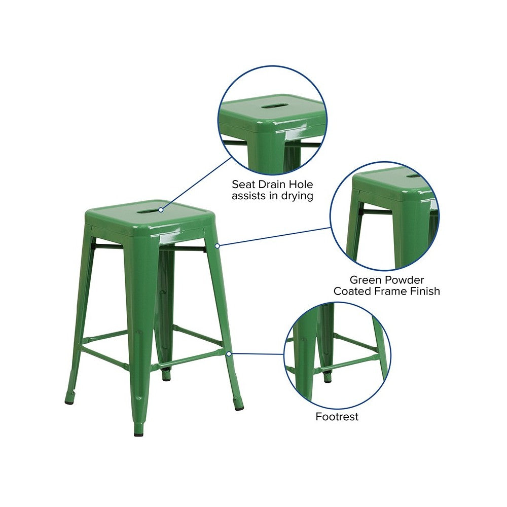 Commercial Grade 24" High Backless Green Metal Indoor-Outdoor Counter Height Stool with Square Seat