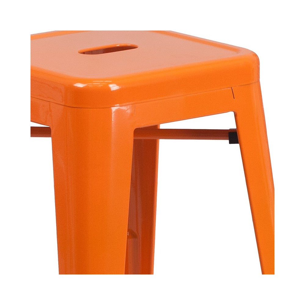 Commercial Grade 24" High Backless Orange Metal Indoor-Outdoor Counter Height Stool with Square Seat