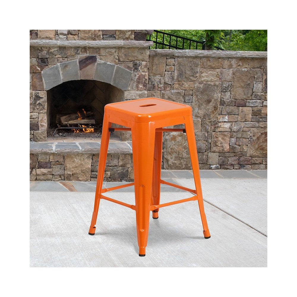 Commercial Grade 24" High Backless Orange Metal Indoor-Outdoor Counter Height Stool with Square Seat