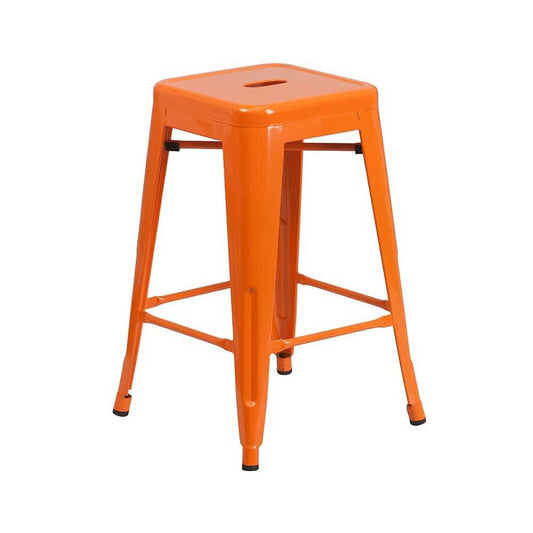 Commercial Grade 24" High Backless Orange Metal Indoor-Outdoor Counter Height Stool with Square Seat