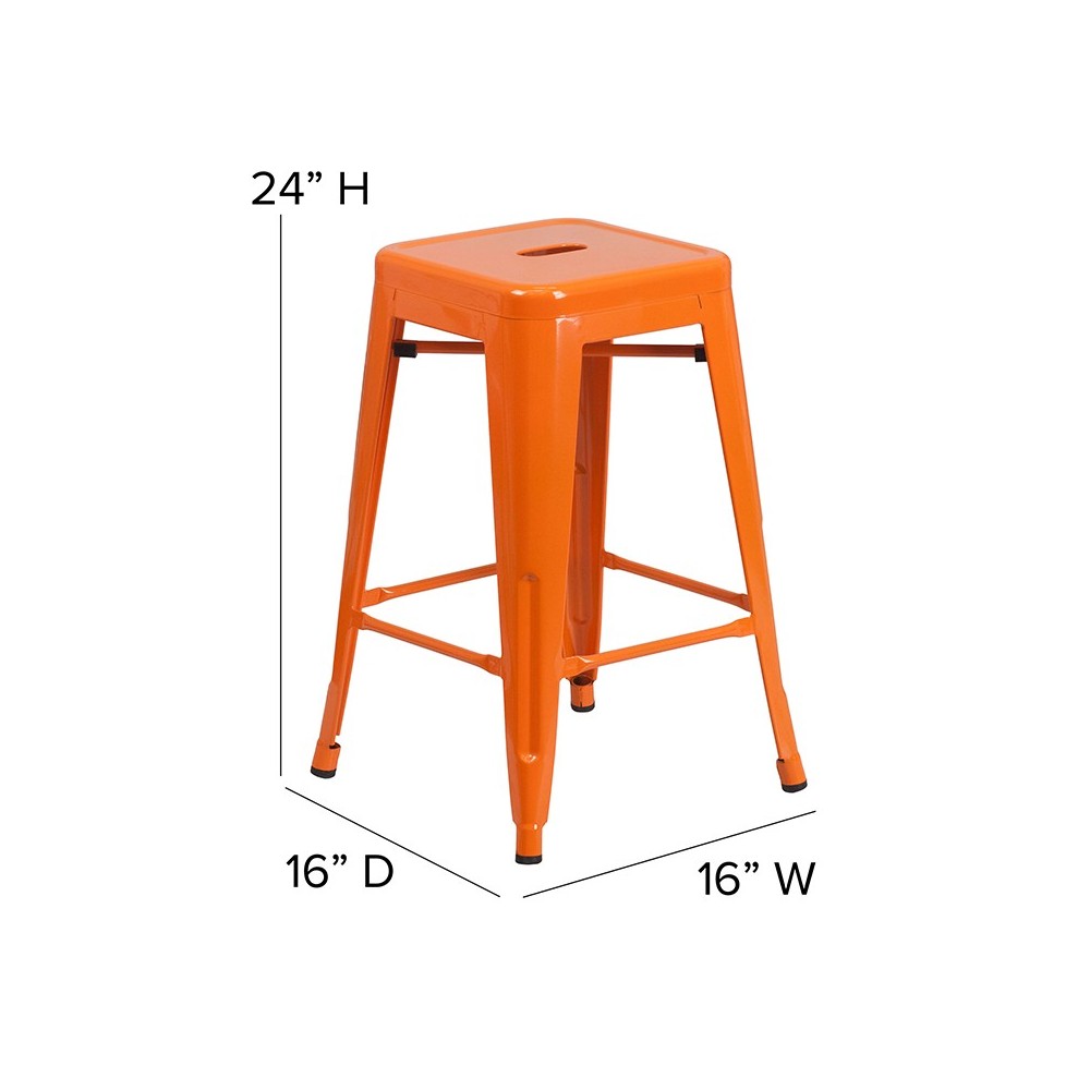 Commercial Grade 24" High Backless Orange Metal Indoor-Outdoor Counter Height Stool with Square Seat