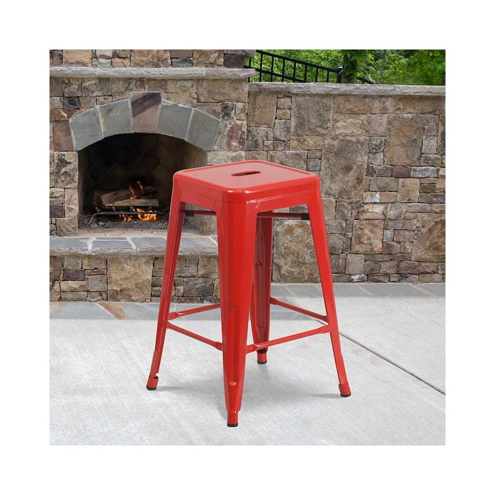 Commercial Grade 24" High Backless Red Metal Indoor-Outdoor Counter Height Stool with Square Seat