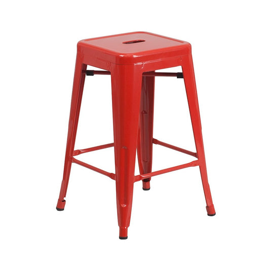Commercial Grade 24" High Backless Red Metal Indoor-Outdoor Counter Height Stool with Square Seat
