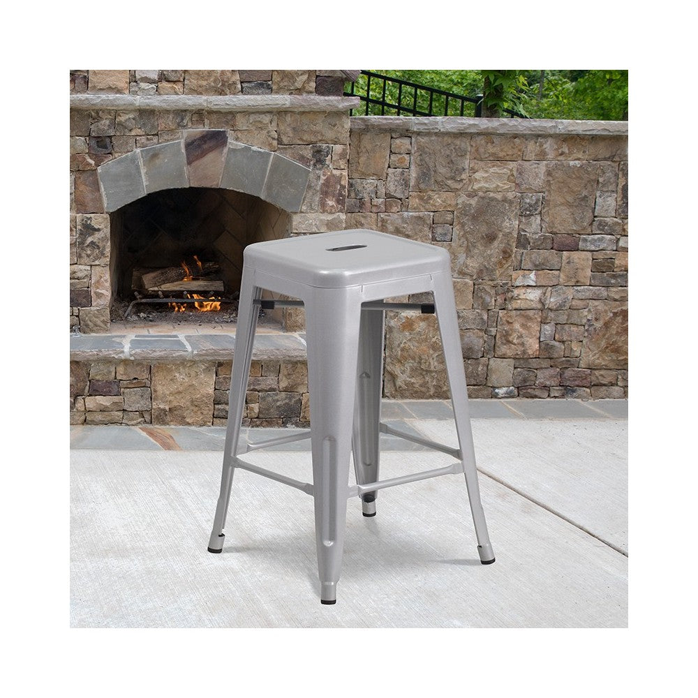 Commercial Grade 24" High Backless Silver Metal Indoor-Outdoor Counter Height Stool with Square Seat