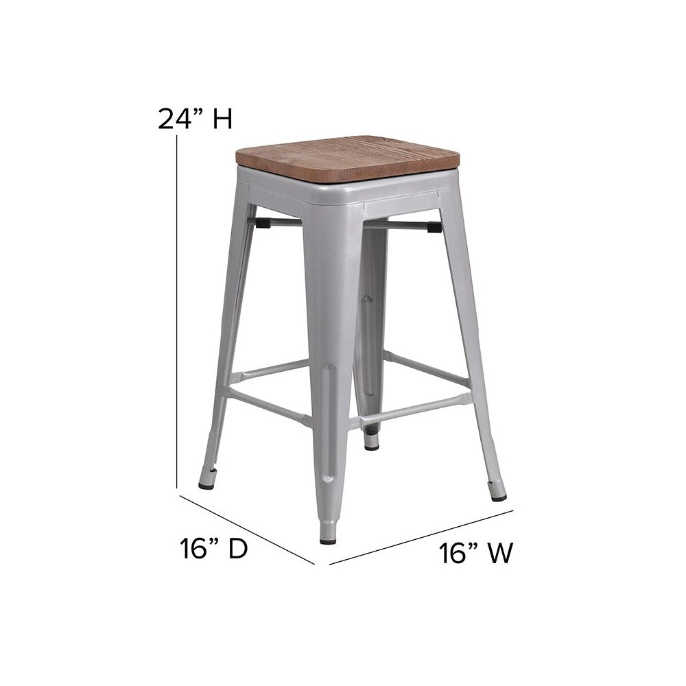 Commercial Grade 24" High Backless Silver Metal Indoor-Outdoor Counter Height Stool with Square Seat