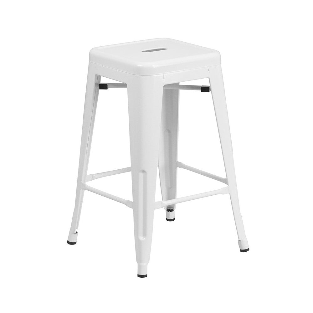 Commercial Grade 24" High Backless White Metal Indoor-Outdoor Counter Height Stool with Square Seat