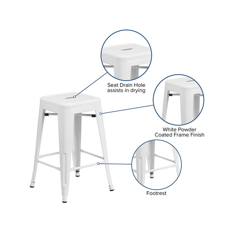 Commercial Grade 24" High Backless White Metal Indoor-Outdoor Counter Height Stool with Square Seat