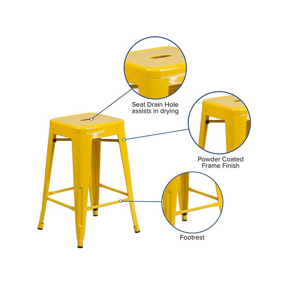 Commercial Grade 24" High Backless Yellow Metal Indoor-Outdoor Counter Height Stool with Square Seat