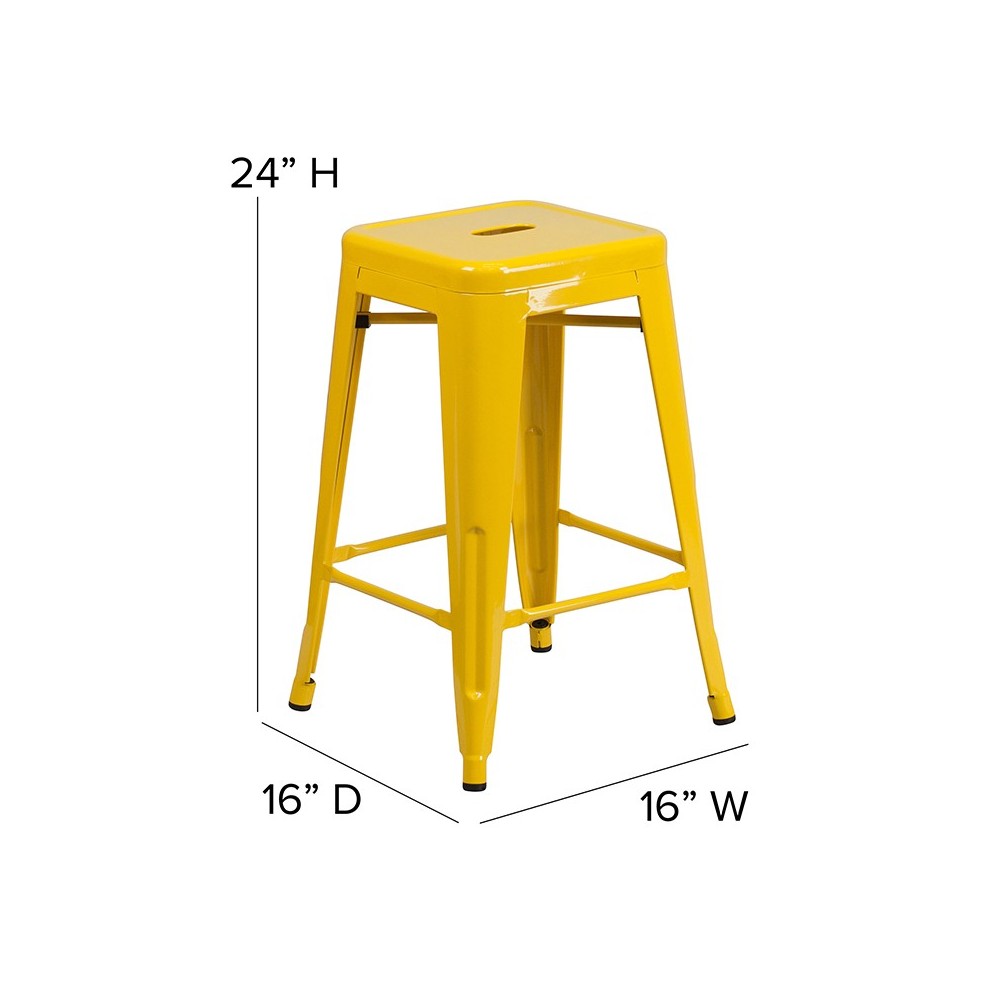 Commercial Grade 24" High Backless Yellow Metal Indoor-Outdoor Counter Height Stool with Square Seat