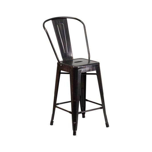 Commercial Grade 24" High Black-Antique Gold Metal Indoor-Outdoor Counter Height Stool with Removable Back