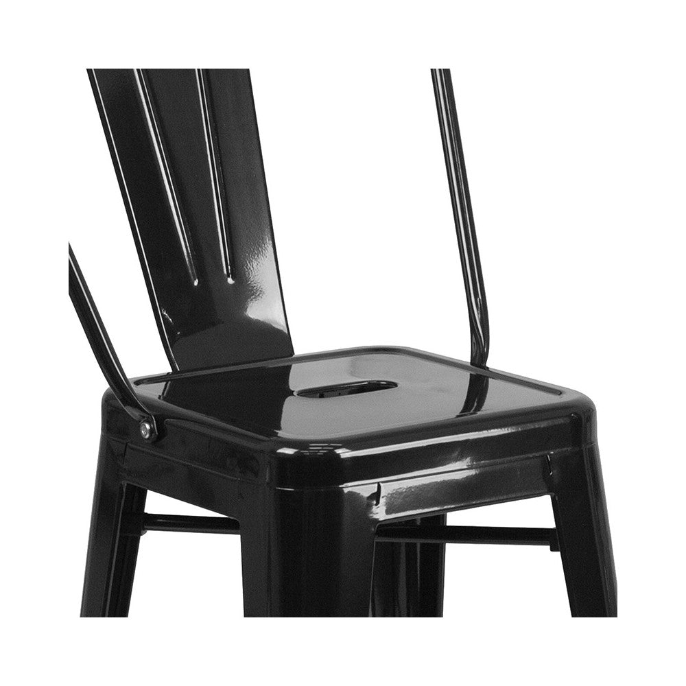Commercial Grade 24" High Black Metal Indoor-Outdoor Counter Height Stool with Removable Back