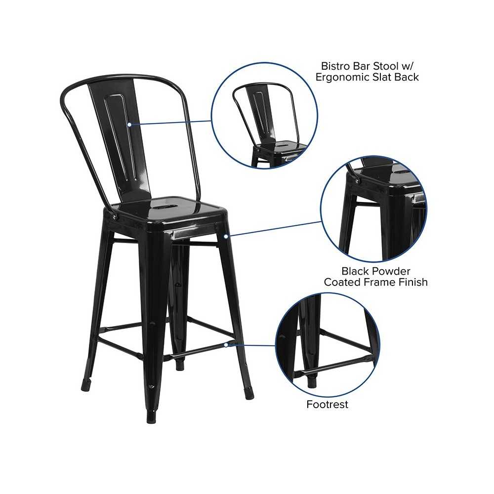 Commercial Grade 24" High Black Metal Indoor-Outdoor Counter Height Stool with Removable Back