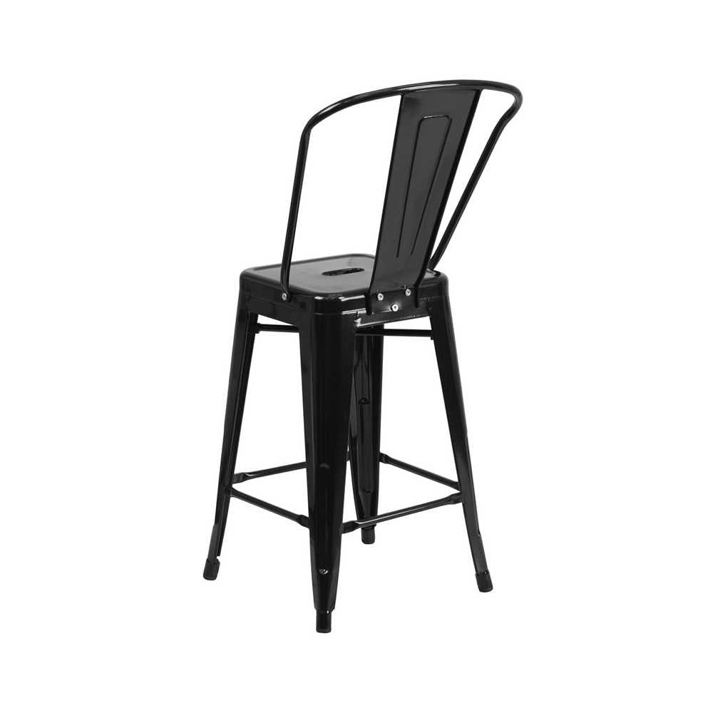Commercial Grade 24" High Black Metal Indoor-Outdoor Counter Height Stool with Removable Back