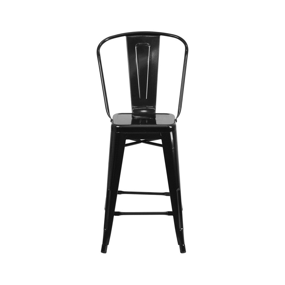 Commercial Grade 24" High Black Metal Indoor-Outdoor Counter Height Stool with Removable Back