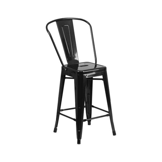 Commercial Grade 24" High Black Metal Indoor-Outdoor Counter Height Stool with Removable Back