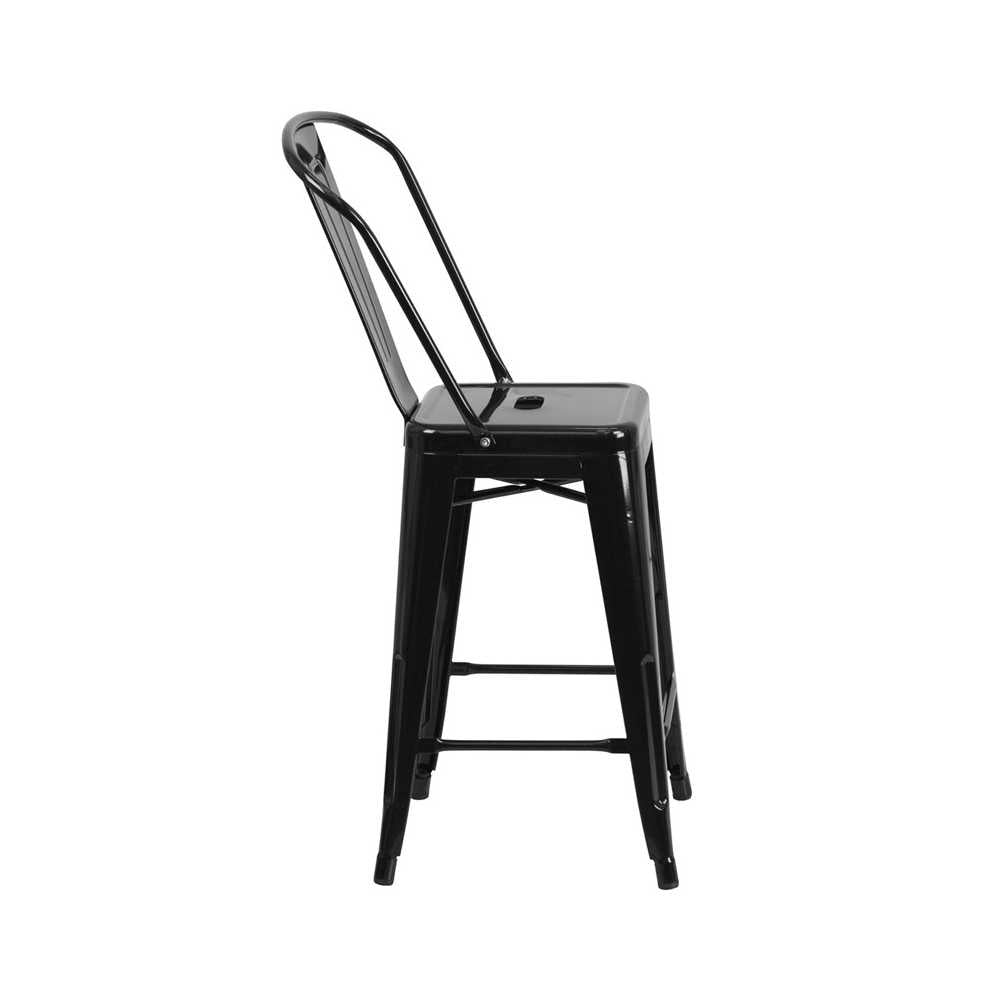 Commercial Grade 24" High Black Metal Indoor-Outdoor Counter Height Stool with Removable Back