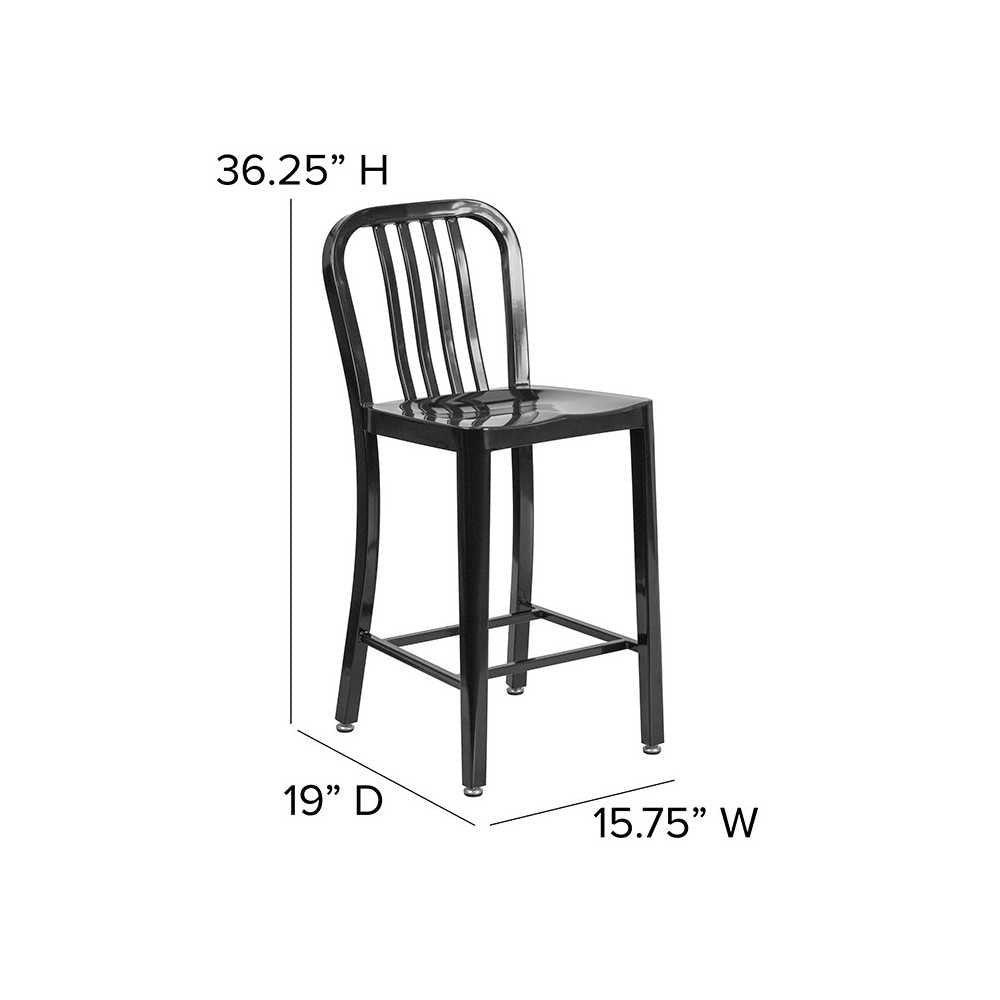 Commercial Grade 24" High Black Metal Indoor-Outdoor Counter Height Stool with Vertical Slat Back