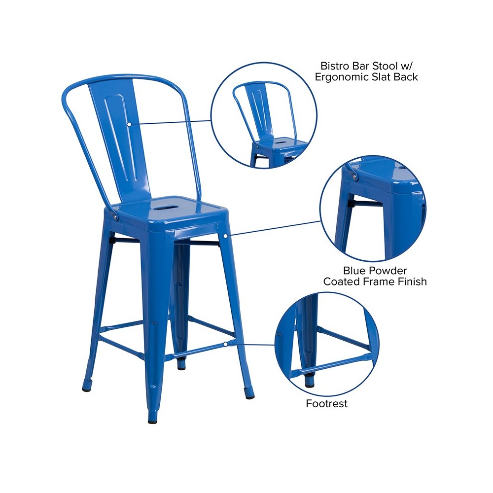 Commercial Grade 24" High Blue Metal Indoor-Outdoor Counter Height Stool with Removable Back