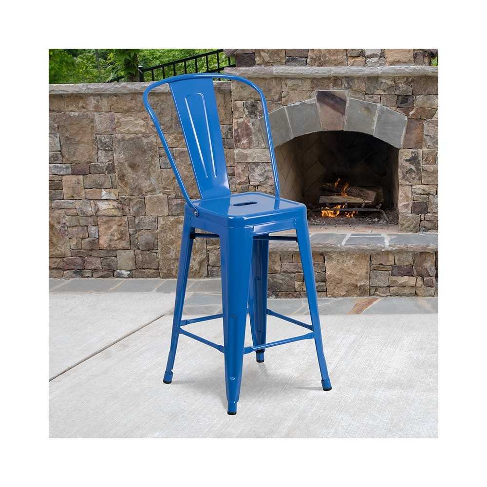 Commercial Grade 24" High Blue Metal Indoor-Outdoor Counter Height Stool with Removable Back