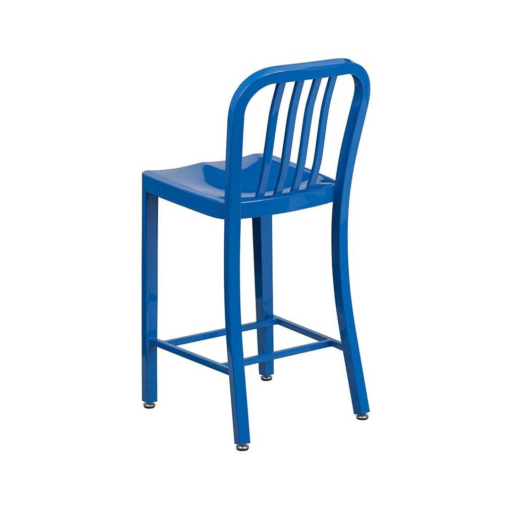 Commercial Grade 24" High Blue Metal Indoor-Outdoor Counter Height Stool with Vertical Slat Back