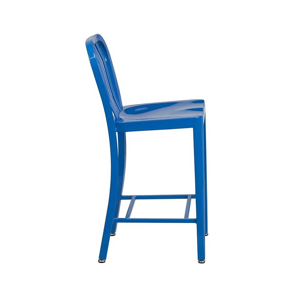 Commercial Grade 24" High Blue Metal Indoor-Outdoor Counter Height Stool with Vertical Slat Back