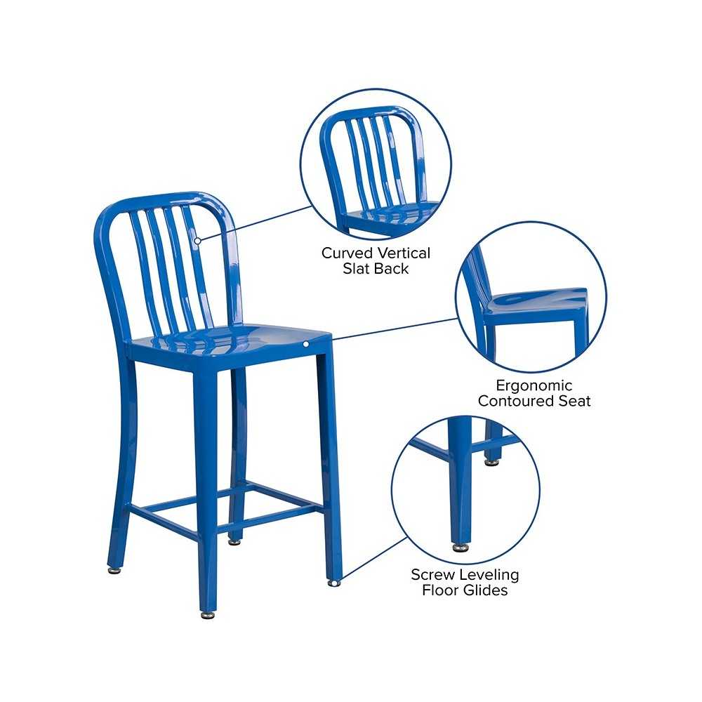 Commercial Grade 24" High Blue Metal Indoor-Outdoor Counter Height Stool with Vertical Slat Back